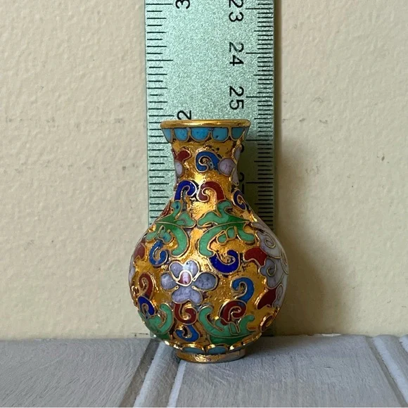 Vintage Miniature Cloisonne Style Gold Tone‎ Background Floral Vases With Bases - Picture 5 of 9